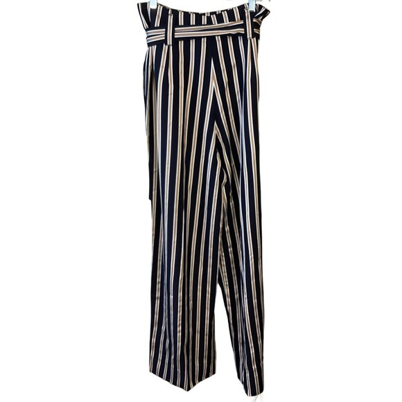 7 For All Mankind Wide Leg High Rise Navy & Gold Striped Paperbag Pants Med NWT - Picture 6 of 11